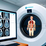 A doctor examining a medical scan (MRI or CT) with the help of an AI interface displaying diagnostic insights. The environment is a clean, high-tech medical office. The image should highlight the accuracy and efficiency of AI-assisted medical diagnosis.