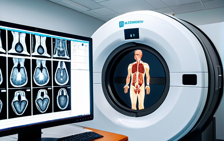 A doctor examining a medical scan (MRI or CT) with the help of an AI interface displaying diagnostic insights. The environment is a clean, high-tech medical office. The image should highlight the accuracy and efficiency of AI-assisted medical diagnosis.