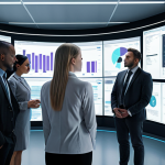 **Image Prompt:** Futuristic office. AI decision support system interface displaying complex data visualizations. Diverse group of employees interacting with the system, some looking confident, others confused. Emphasis on the contrast between human experience and algorithmic analysis.