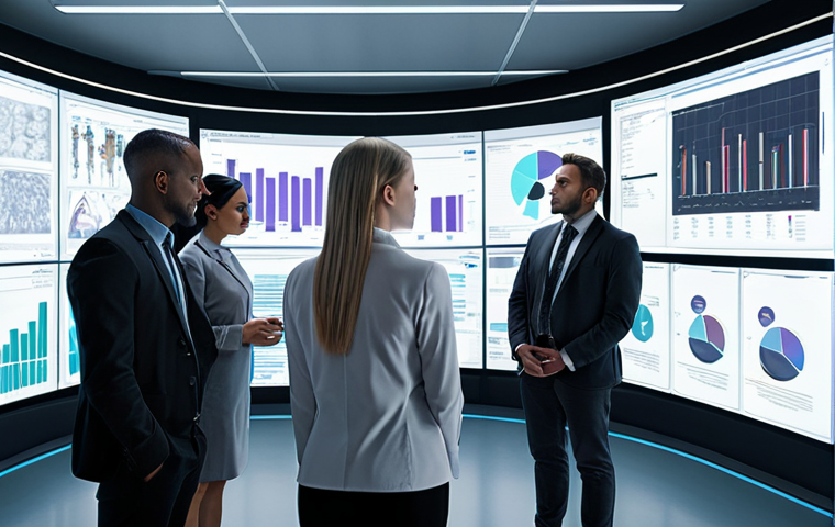 **Image Prompt:** Futuristic office. AI decision support system interface displaying complex data visualizations. Diverse group of employees interacting with the system, some looking confident, others confused. Emphasis on the contrast between human experience and algorithmic analysis.