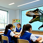 증강인지 기술의 사회적 영향 - **Prompt:** A brightly lit modern classroom with students using AR headsets, fully clothed in school...