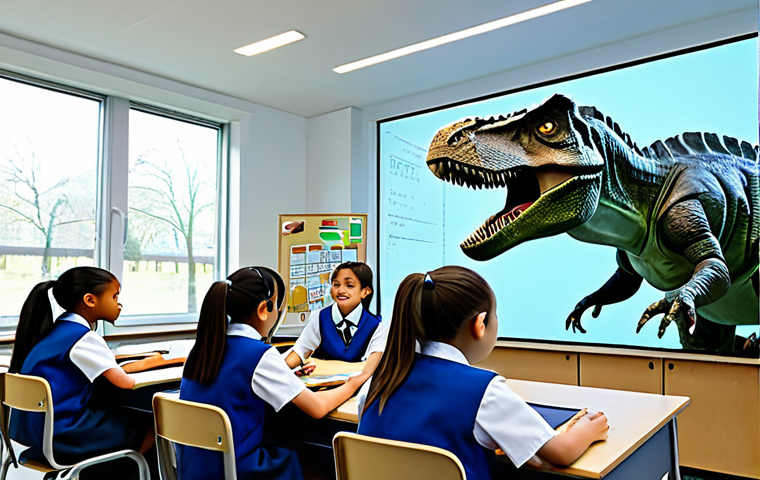증강인지 기술의 사회적 영향 - **Prompt:** A brightly lit modern classroom with students using AR headsets, fully clothed in school...
