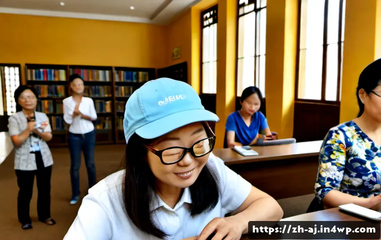 증강인지 기술의 사회적 가치와 책임 - Photorealistic community health workshop in a bright modern public library, a diverse group of adult...