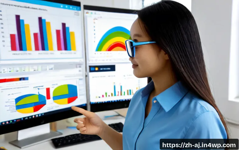 증강인지 기술을 이용한 데이터 분석 기법 - Photorealistic data analyst wearing lightweight augmented reality glasses in a modern sunlit office,...
