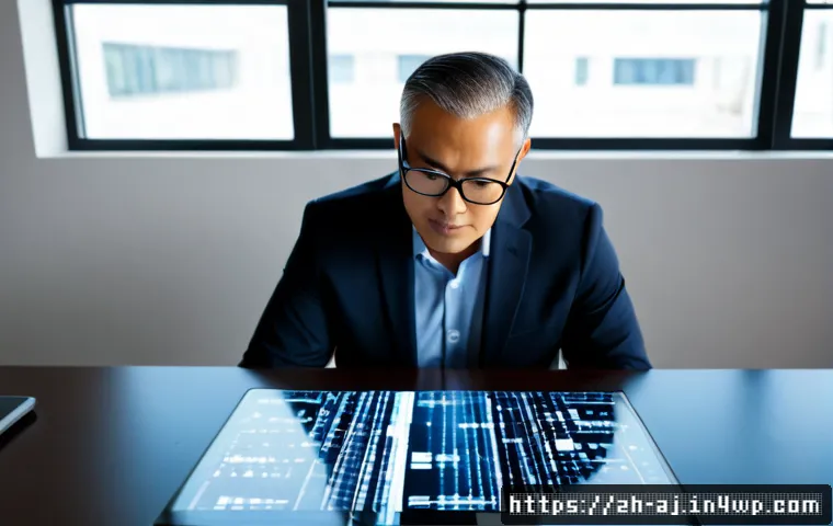 증강인지 기술과 디지털 트랜스포메이션 - Photorealistic modern business workspace, a focused middle-aged professional wearing subtle augmente...